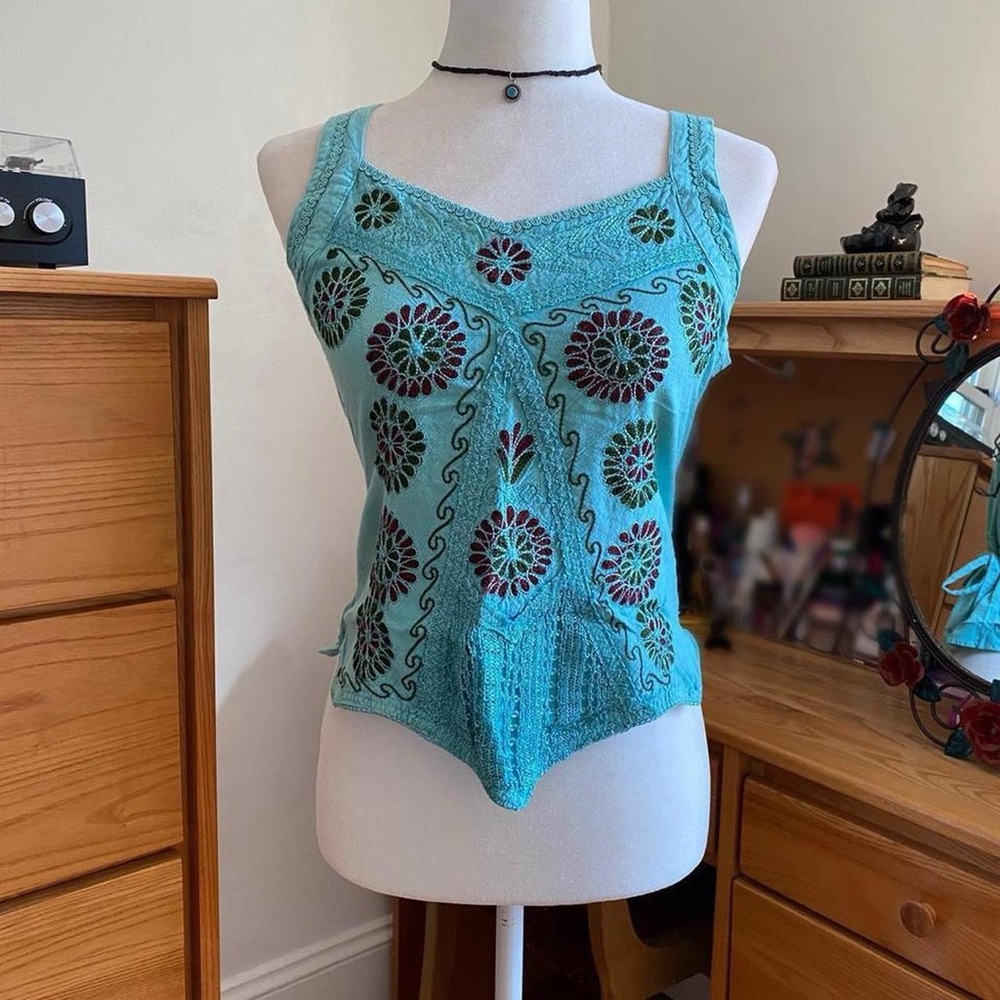 Bright Light Blue Boho Fairycore Embroidered Cami